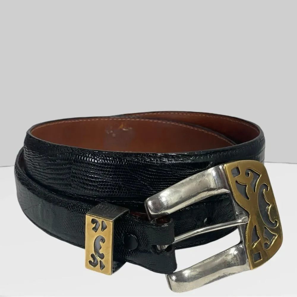 Pat Areias Sterling Silver Southwestern Belt Buckle, 30” Black Lizard Belt Strap